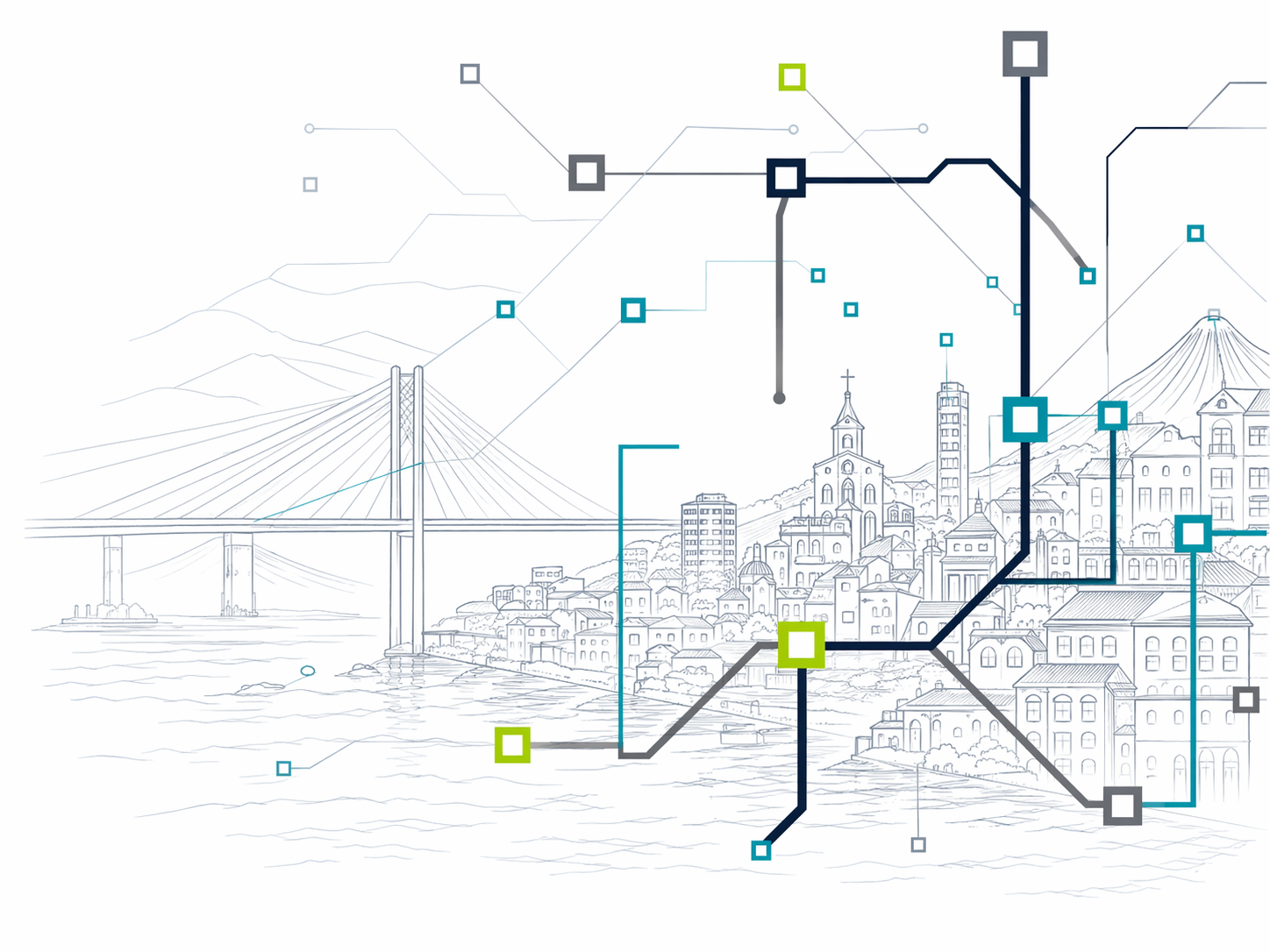 長崎の街並みとネットワークを表したCITY GRIDビジュアル